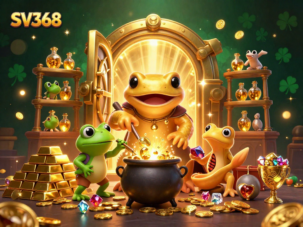 Participate in SV368's thrilling alchemy scene with gold coins and treasures overflowing from a magical laboratory.