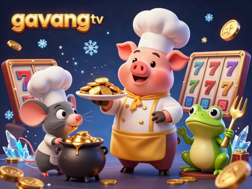 Experience exciting gambling with gavangtv featuring a lively scene of gourmet gold coins and vibrant slot machines.