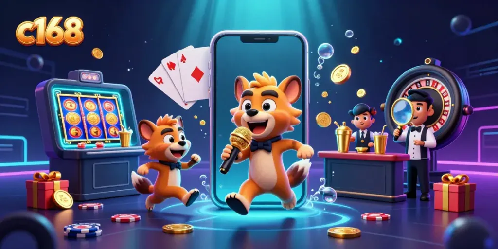 c168 casino scene with hyenas in a comedy club and gaming elements all around