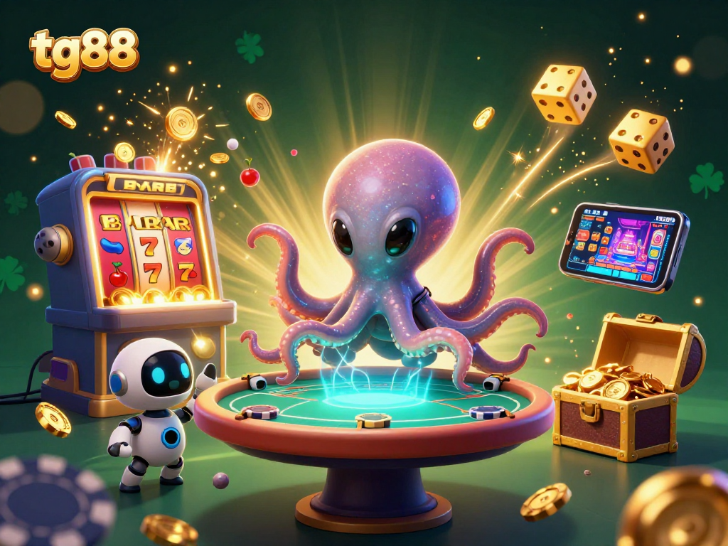 Play exciting games at tg88 with an alien octopus dealer at a holographic poker table.