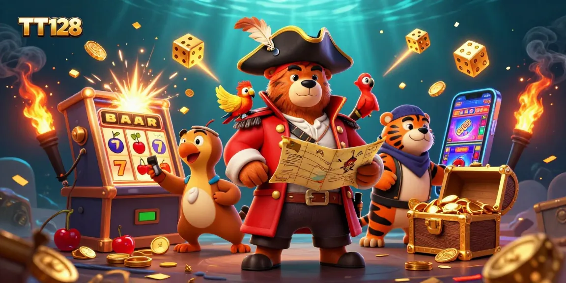Experience the excitement of TT128 with an explosive jackpot scene featuring cartoon pirates and vibrant casino elements.