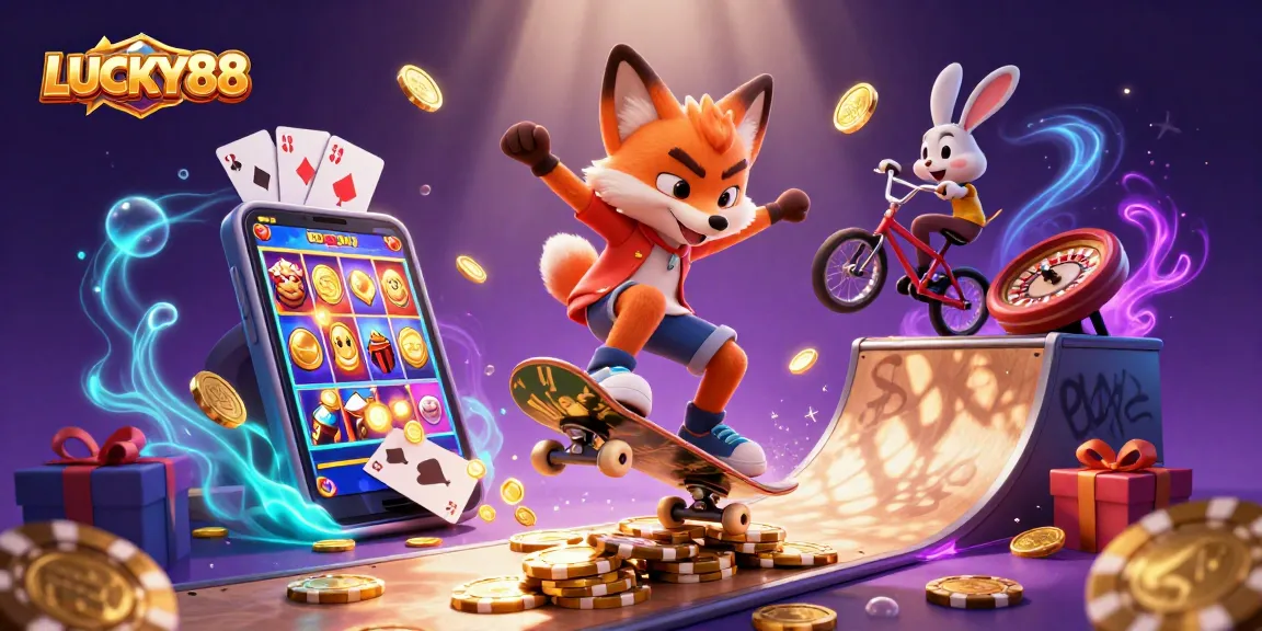 LUCKY88 showcases a lively gaming scene with a skateboarder fox and BMX rabbit create excitement in a vibrant casino world.