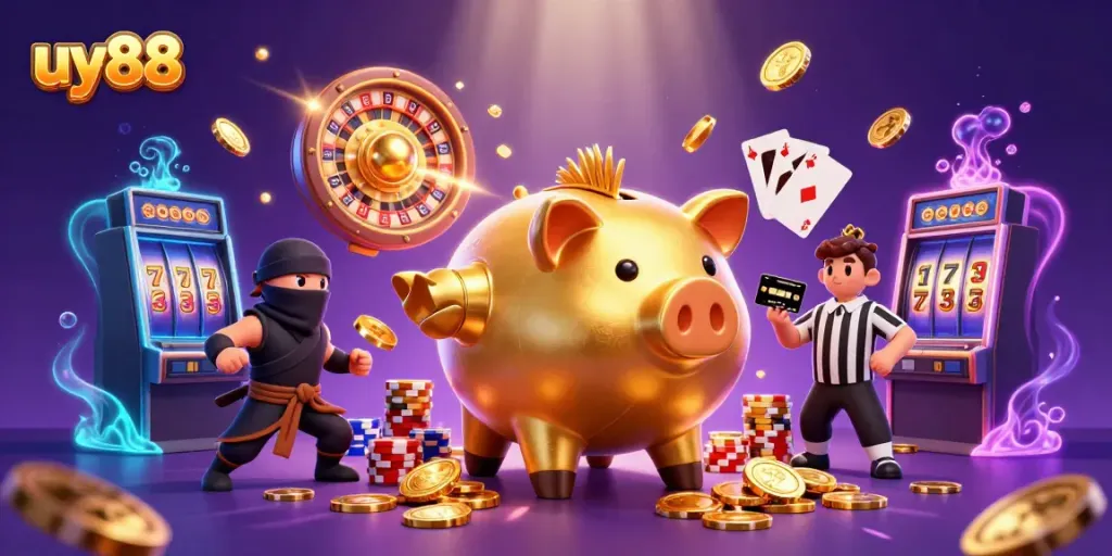 Experience the thrill of uy88 with 3D characters in an explosive casino scene filled with golden coins and dynamic gaming elements.