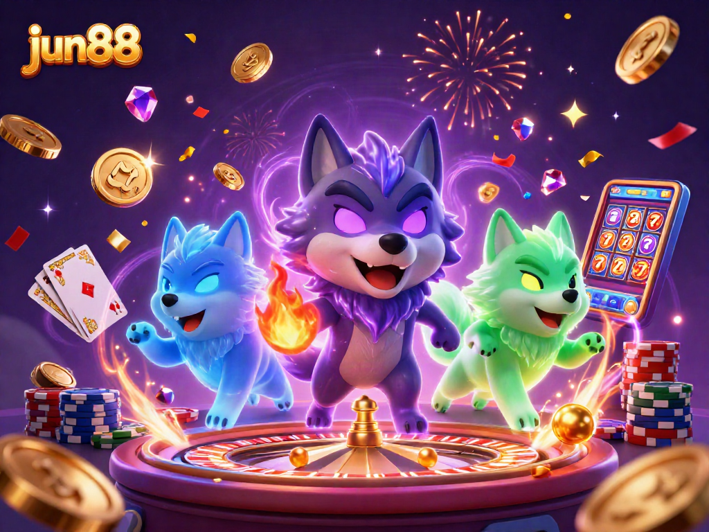 Experience the excitement of jun88 casino with a dynamic wolf-themed illustration featuring games and treasures.