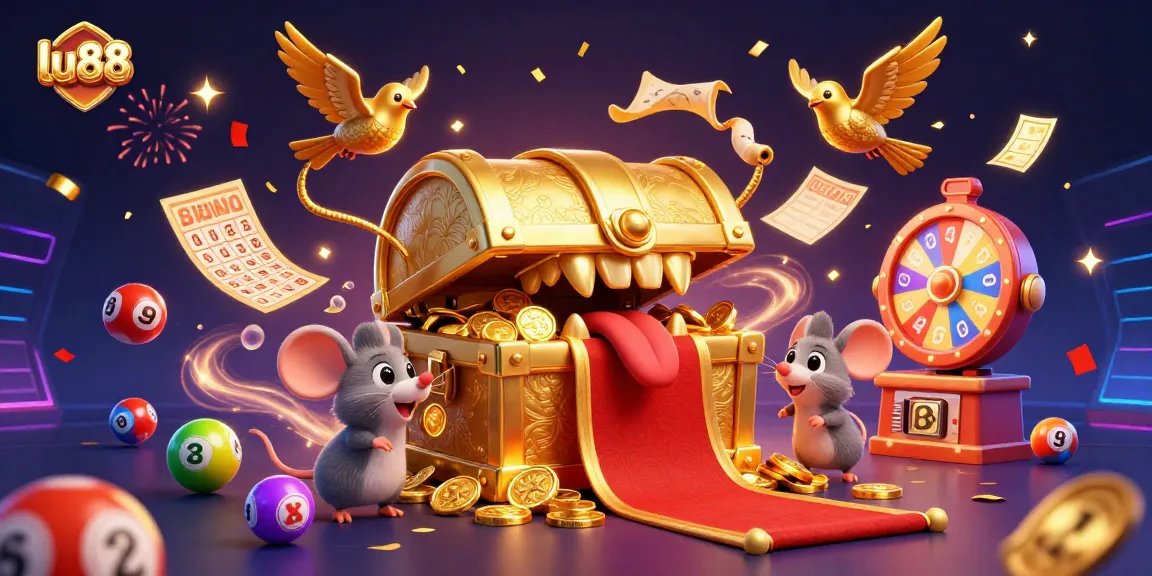 Engage in thrilling games with lu88 at this vibrant illustration showcasing a treasure chest and lottery elements.