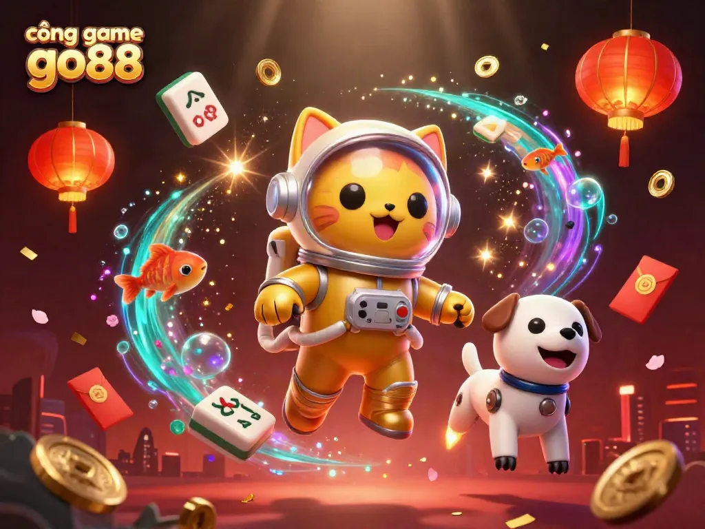 Experience gaming excitement at cổng game go88 with floating symbols and vibrant characters in a dynamic cosmic scene.