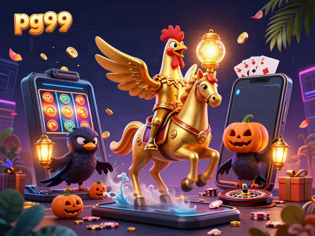 Engage in thrilling casino fun with pg99's captivating gaming scene of golden rooster and friends.