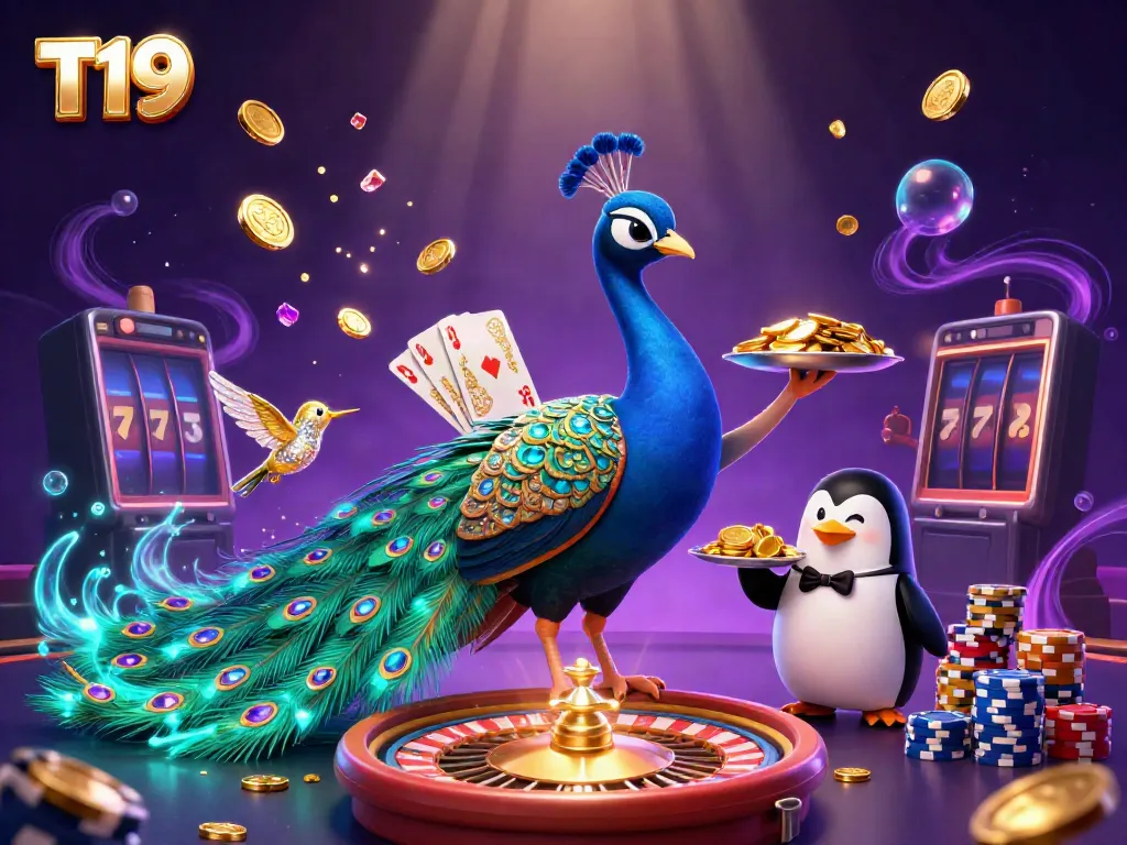 T19 players enjoying an exciting casino atmosphere with a peacock and butler surrounded by coins and cards.
