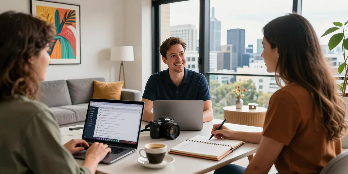 Collaborative discussion by an Airbnb management company Melbourne expert in a stylish apartment, showcasing rental strategies.