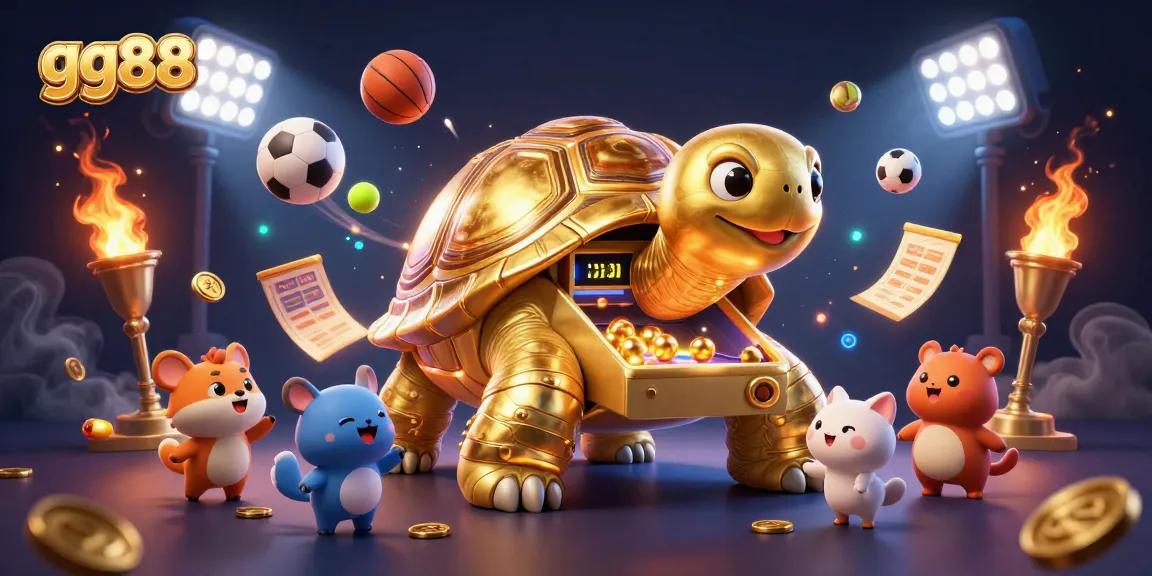 Engage with gg88 at a vibrant casino scene featuring a golden tortoise pinball machine surrounded by dynamic gaming elements.