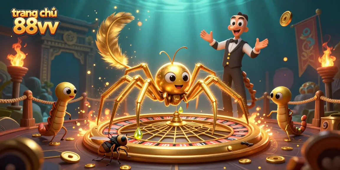 A dynamic casino scene capturing the excitement of bets at trang chủ 88vv with a golden spider roulette wheel and vibrant characters.