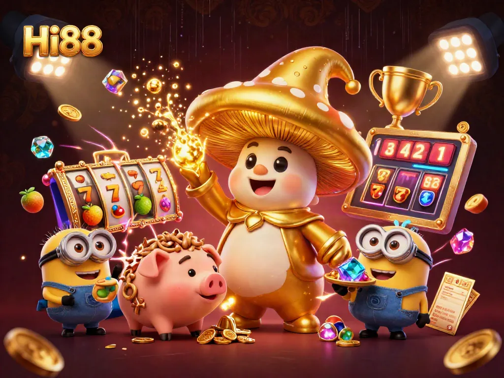 Spin the reels of Hi88's vibrant casino with a golden wizard and treasure-seeking pig in the scene.