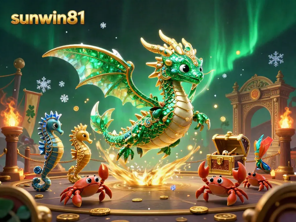 Engage in the magical world of sunwin81, featuring a sea dragon and treasure chest in stunning 3D.