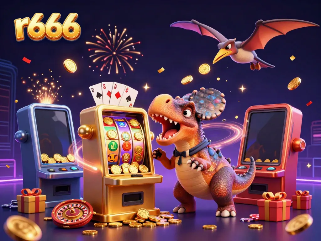 Experience r666's exciting jackpot moments with a pachycephalosaurus winning coins at a slot machine.