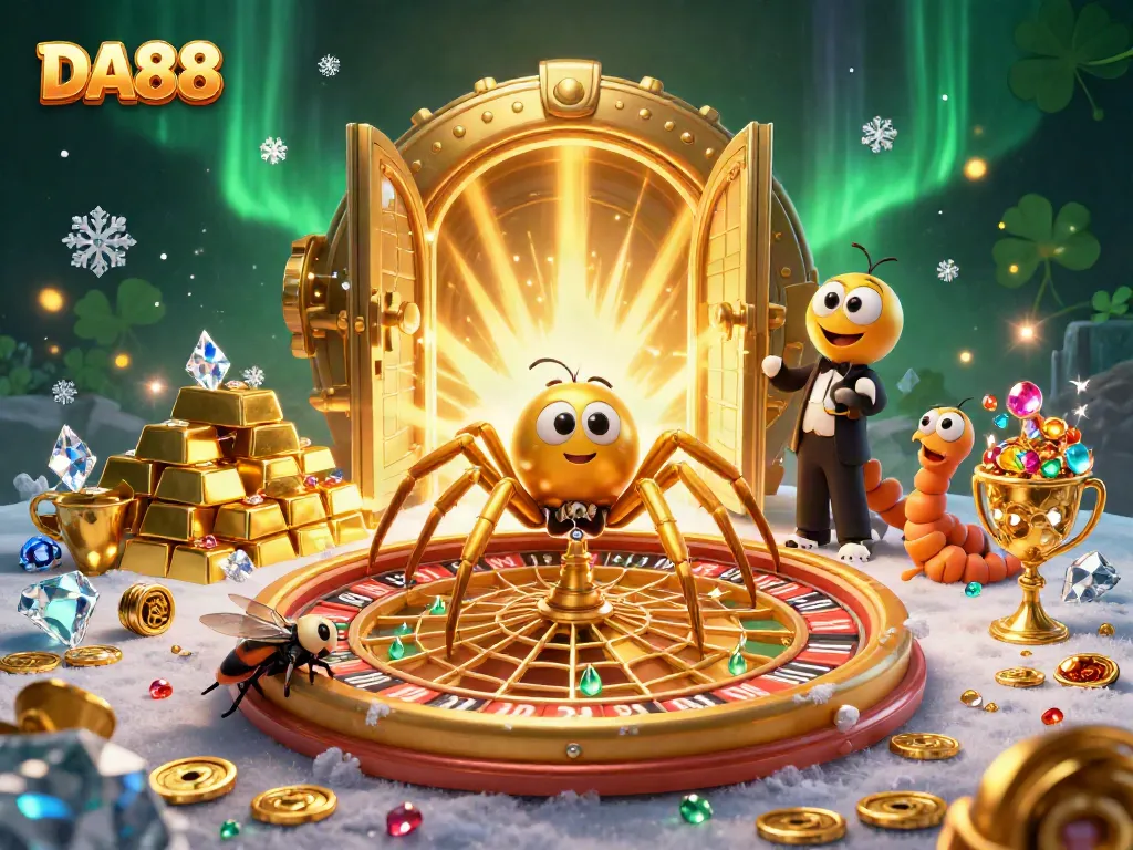Experience thrilling bets at DA88 with a golden spider croupier and roulette wheel illustrations.