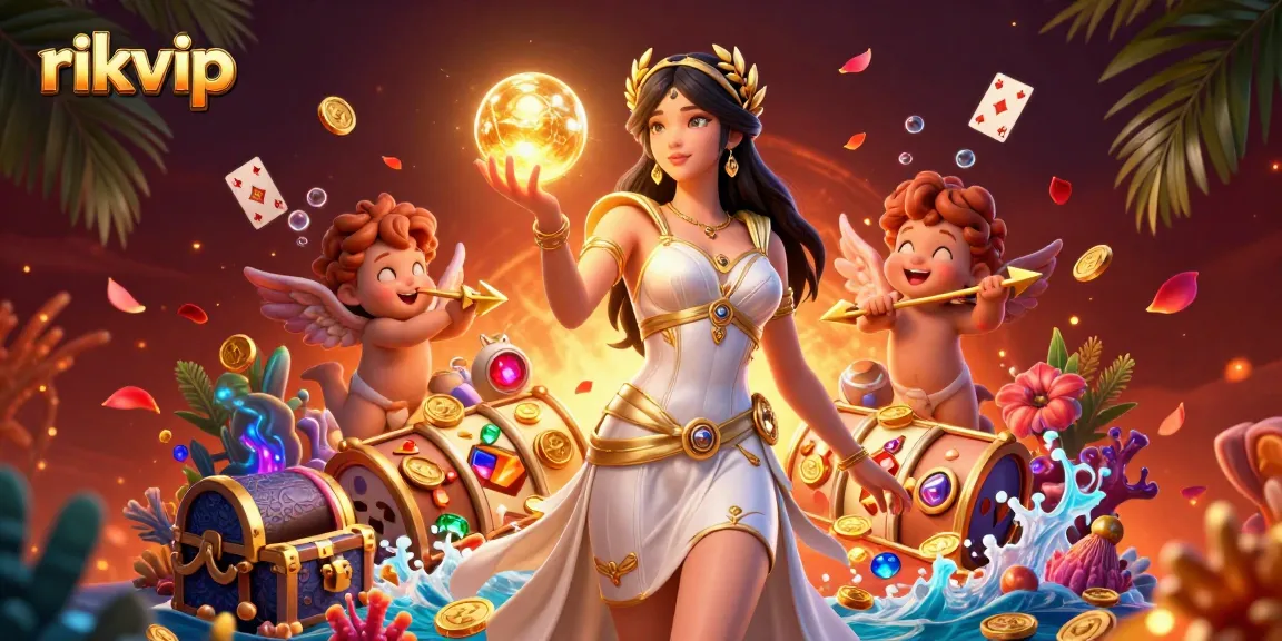 Experience the thrilling world of gambling with rikvip showcased by a stunning goddess and cherubs.