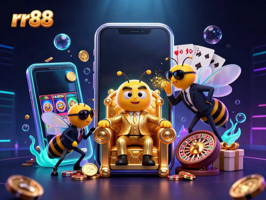 Experience the thrill of rr88 with a cartoon mob boss and dynamic casino elements in a vibrant scene.