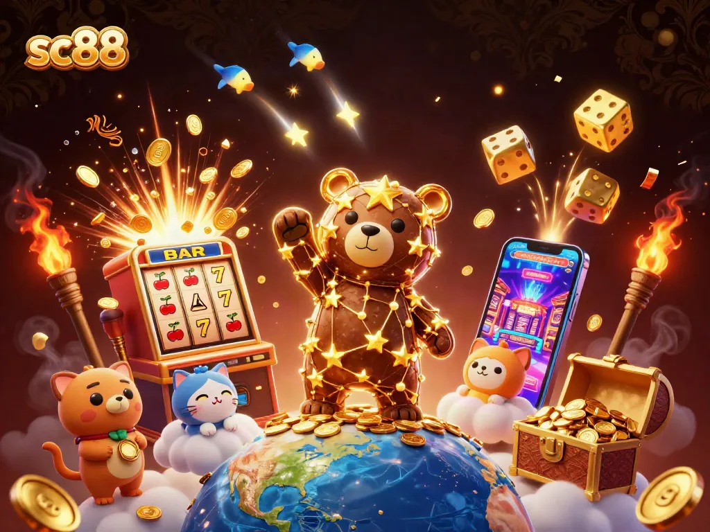 Engage with sc88 casino magic, witnessing a constellation bear and lucky symbols in 3D illustration.