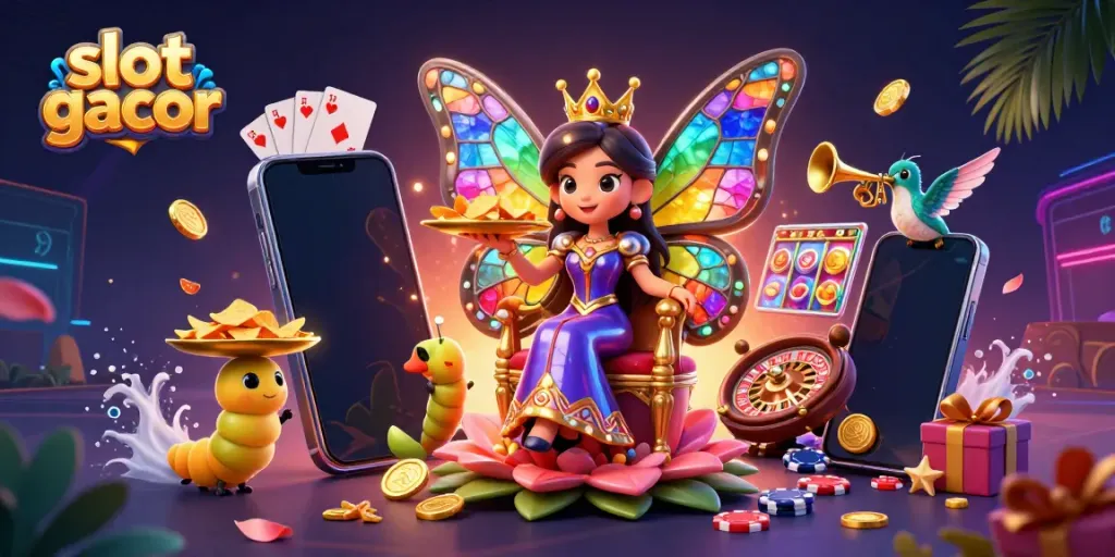 Experience slot gacor excitement with vibrant 3D characters and dynamic game elements in a casino illustration.