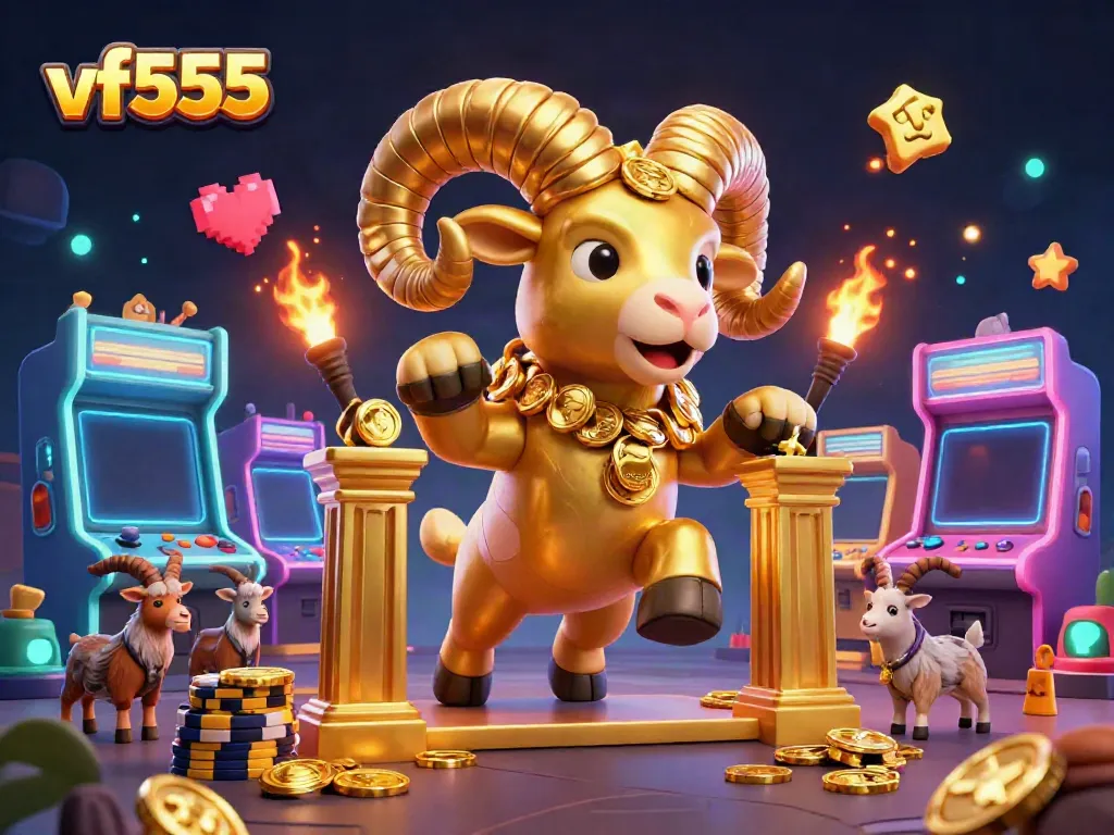 Engage with the thrilling vf555 gaming adventure featuring a golden ram amidst vibrant arcade elements.