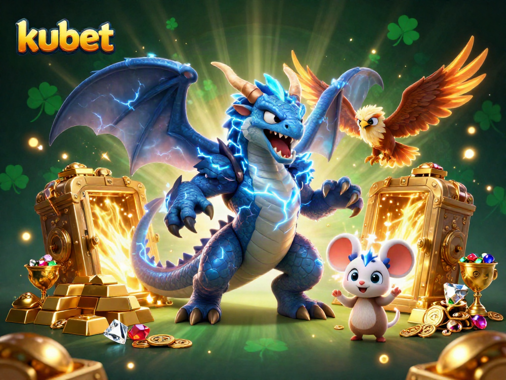 Experience thrilling action at kubet with a thunder dragon and glowing hawk in a vibrant casino scene.