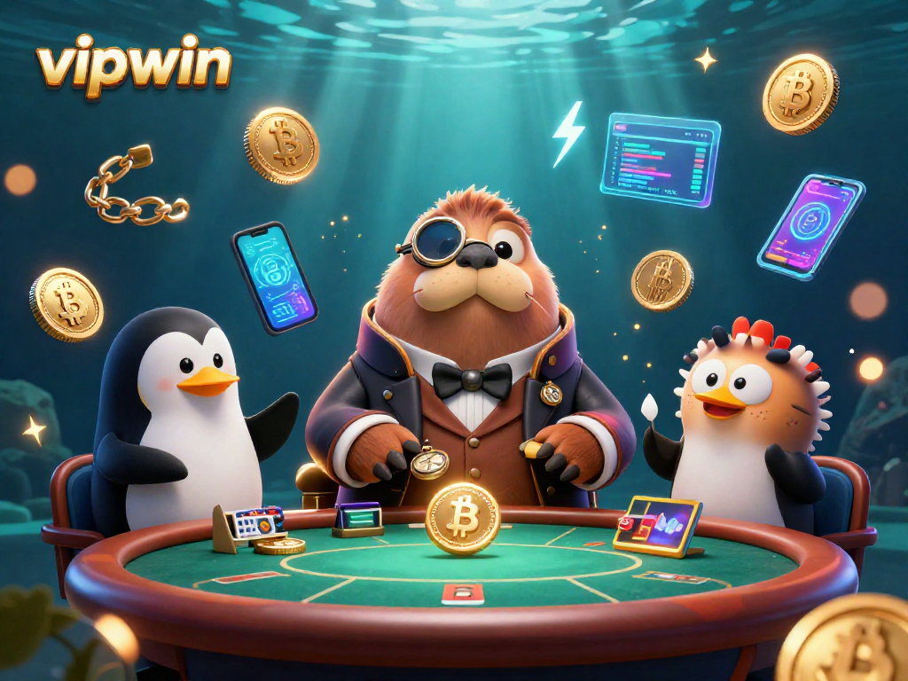 Join the vipwin underwater poker game with a jolly walrus and sophisticated dealer for thrilling bets.