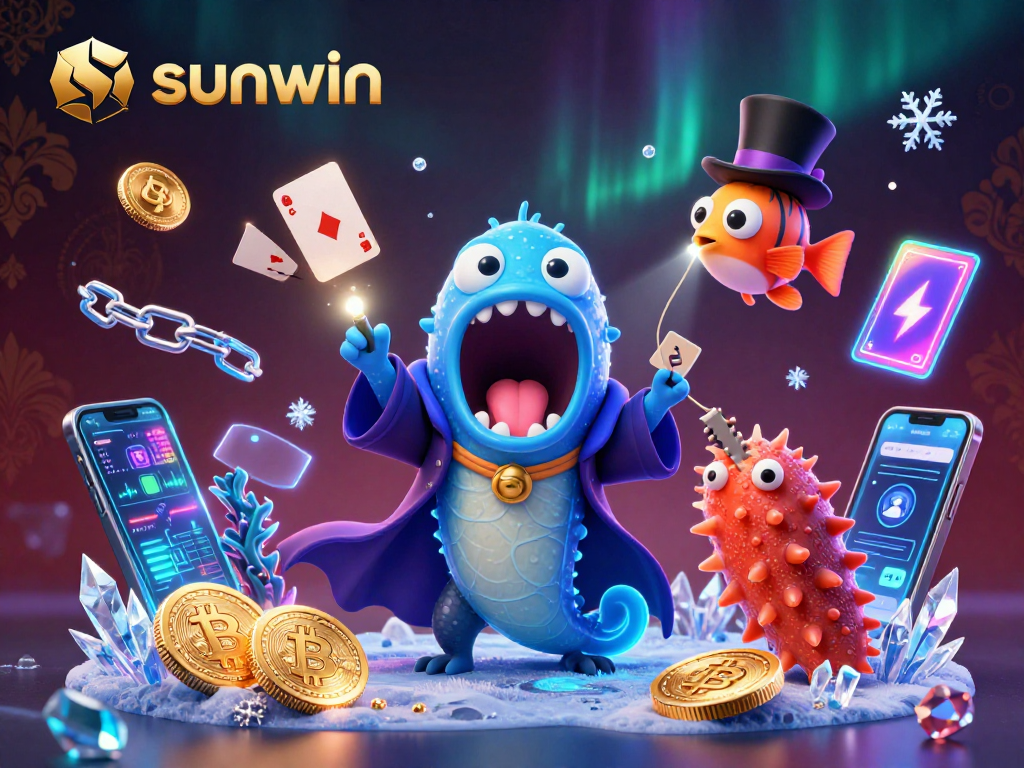 Experience sunwin's thrilling magic game scene with colorful crypto coins and dynamic characters.
