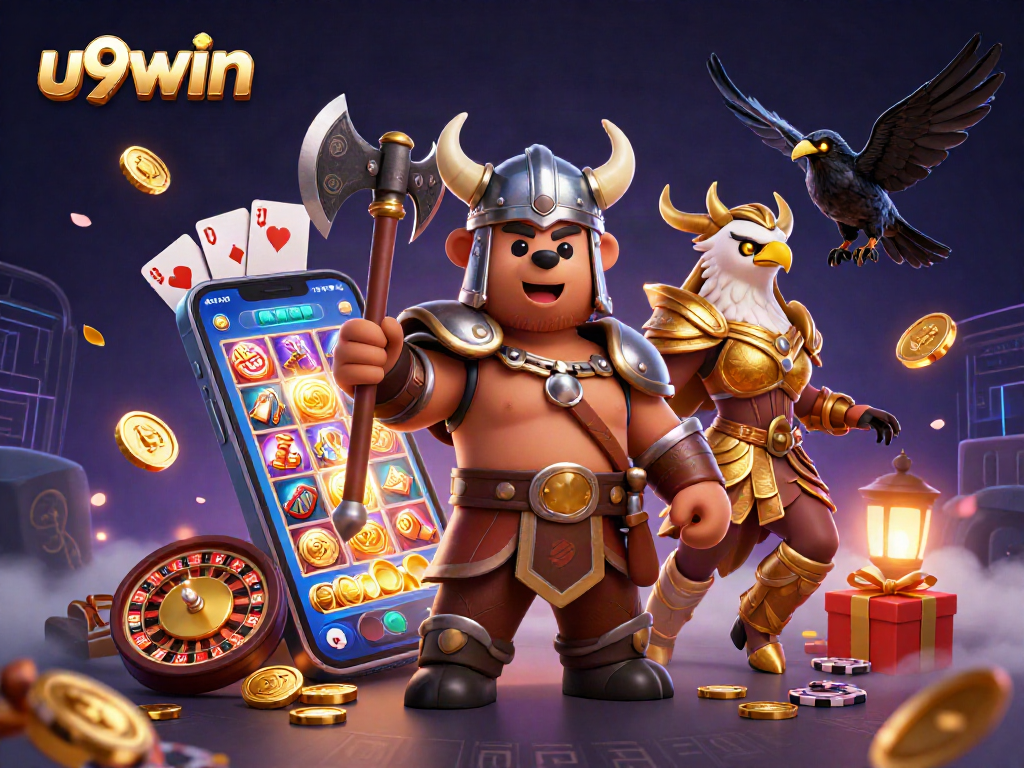 Win big at u9win with a vibrant scene featuring a Viking berserker bear and casino elements.