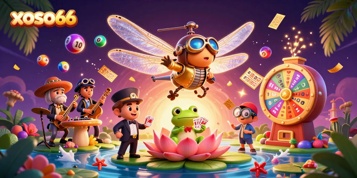 Exciting xoso66 lottery scene featuring colorful balls, a pilot, a frog dealer, and lively music.