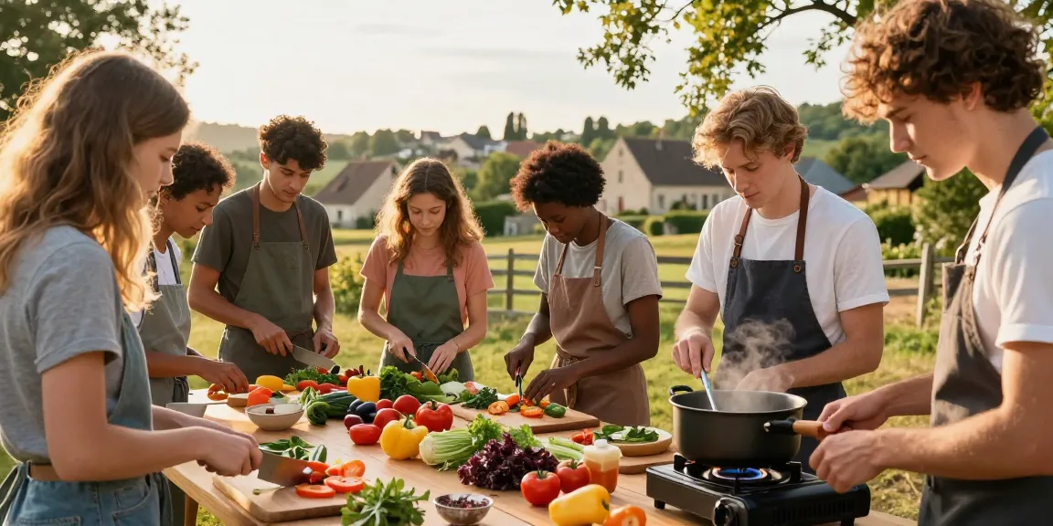 Students participating in culinary internships in France, cooking fresh dishes in a picturesque outdoor workshop, showcasing vibrant ingredients and cultural immersion.