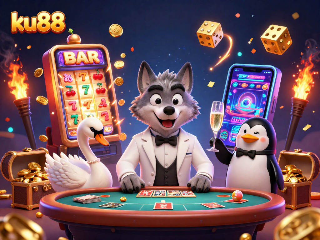 Engage in exciting gameplay with ku88 at an extravagant baccarat table featuring a debonair wolf and elegant swan.