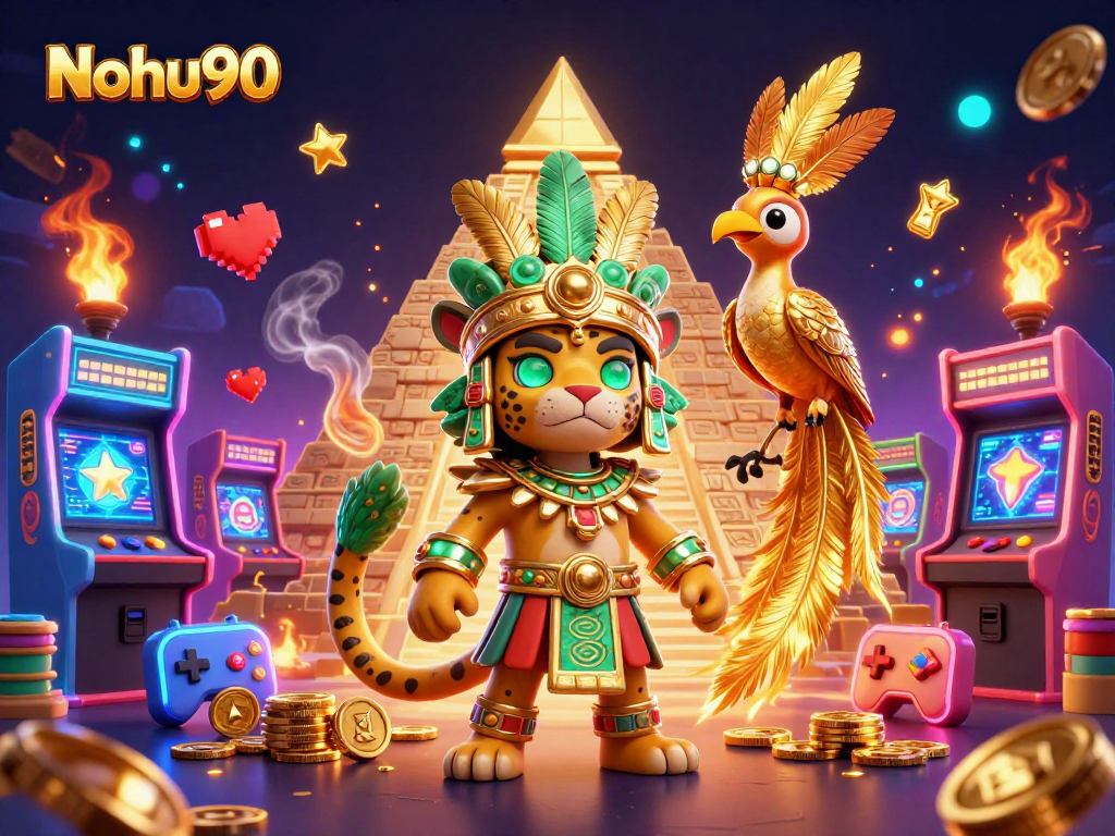 Nohu90 showcases thrilling casino elements with a Mayan jaguar priest, vibrant arcade games, and fiery ambiance.