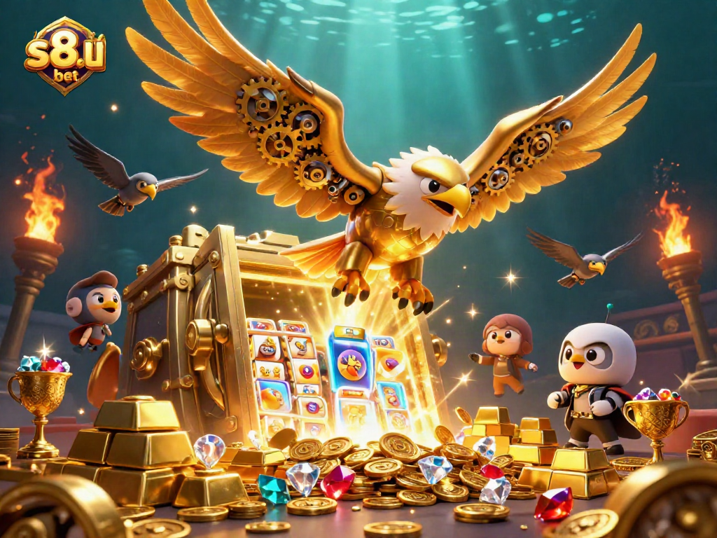 Engage with thrilling s8. bet action featuring a cybernetic eagle amidst vibrant casino elements.