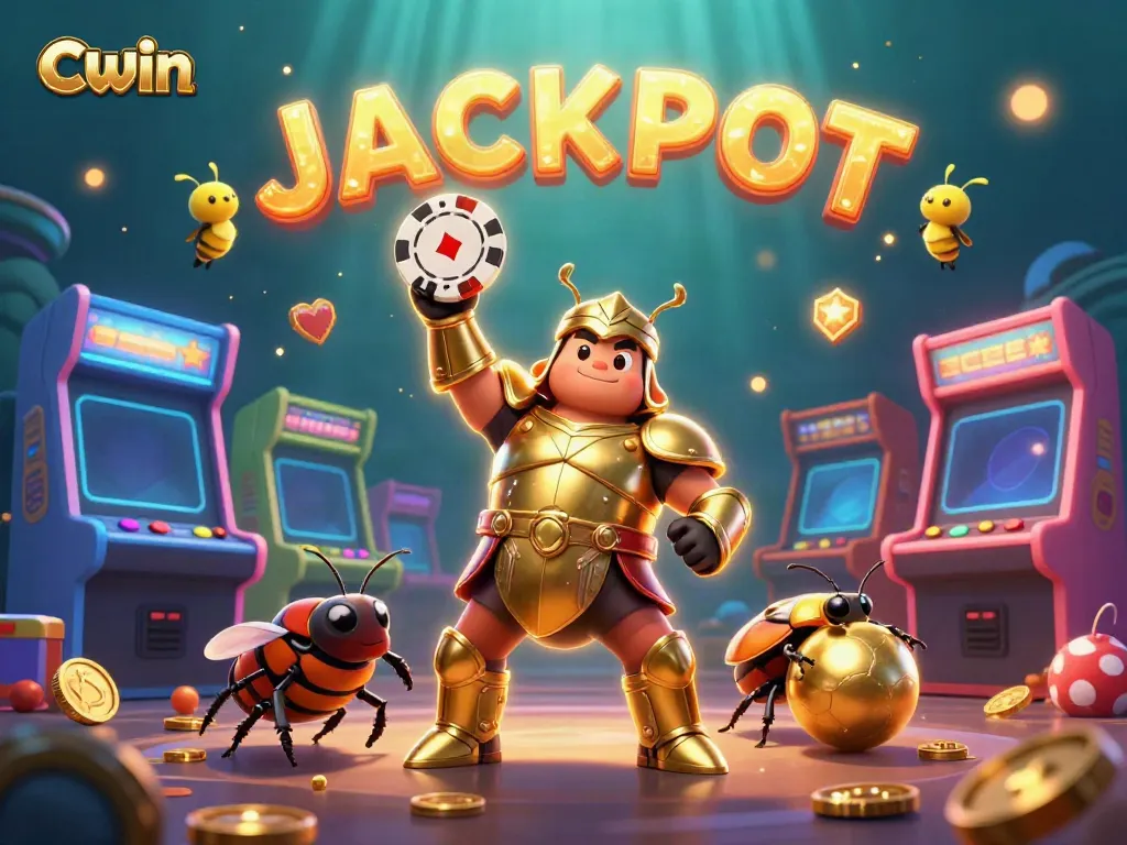 Experience the thrill of Cwin with a beetle in golden armor celebrating a big win amidst vibrant casino visuals.
