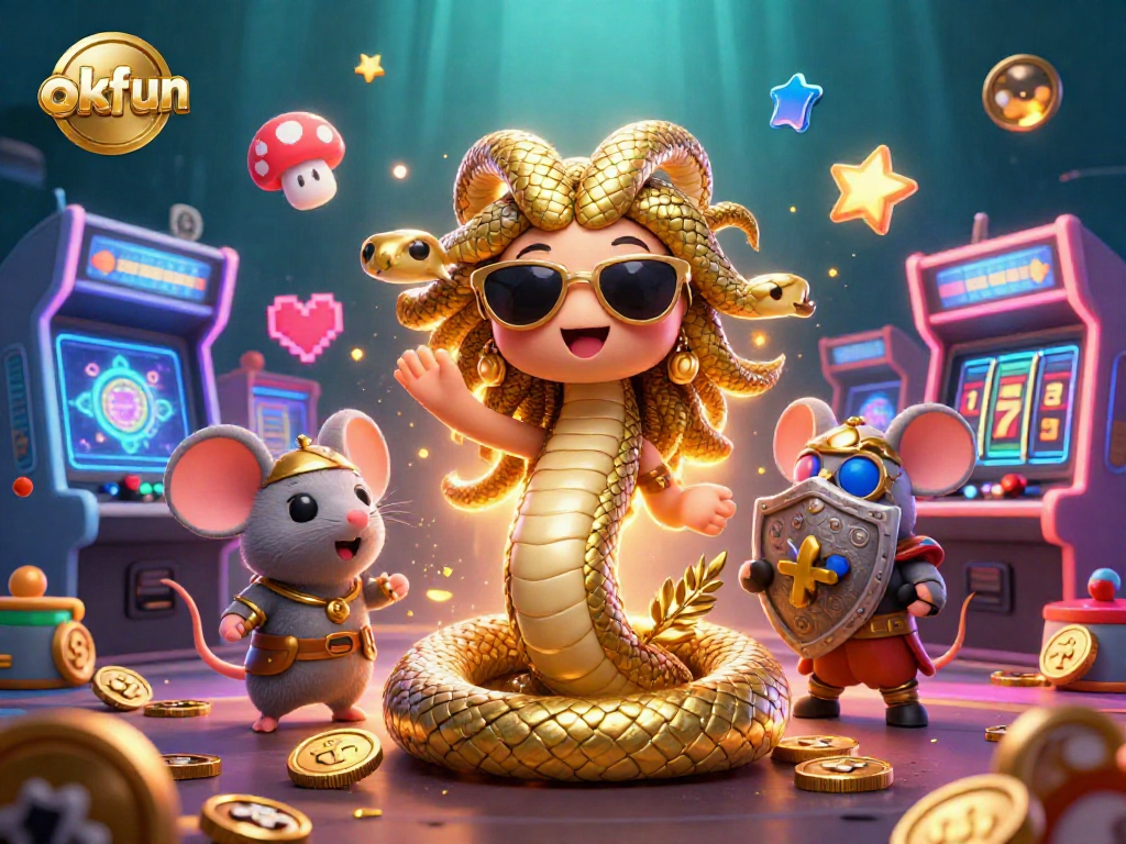 Experience thrilling gameplay with okfun's vibrant casino scene, highlighting golden characters and slot machine action.