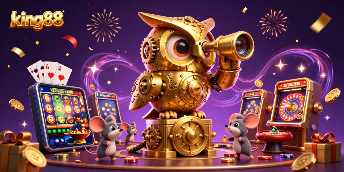 Experience the excitement of king88 with a golden owl scanning a vibrant casino scene.