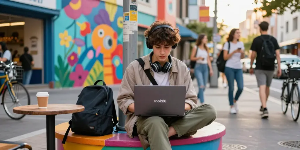 Engaged youth using rokok88 for gaming, vibrant urban backdrop.
