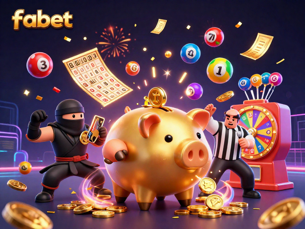 Experience fabet excitement with a dynamic 3D illustration of a golden piggy bank sumo wrestler amidst colorful lottery elements.