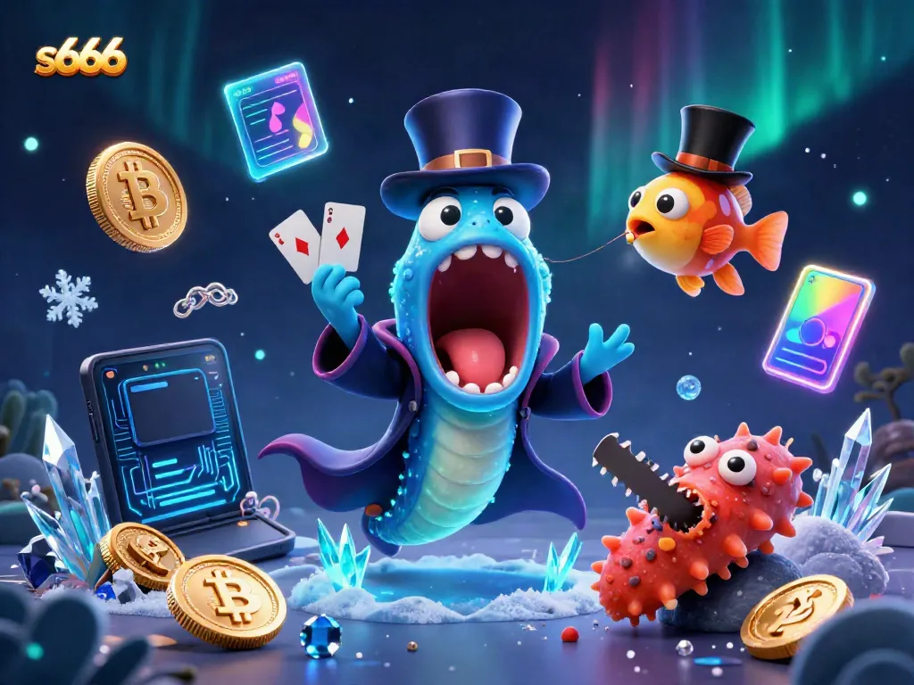 Engage with the s666 magic casino experience featuring a deep-sea eel performing tricks among vibrant crypto symbols.