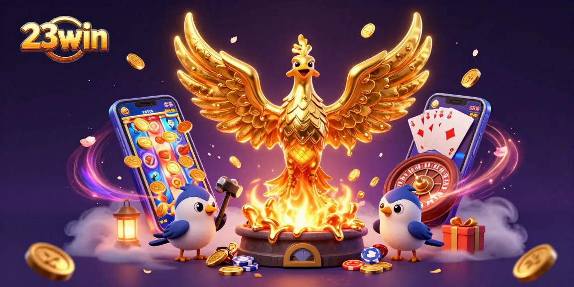 Experience the thrilling games at 23win, featuring golden phoenixes and rich casino elements.