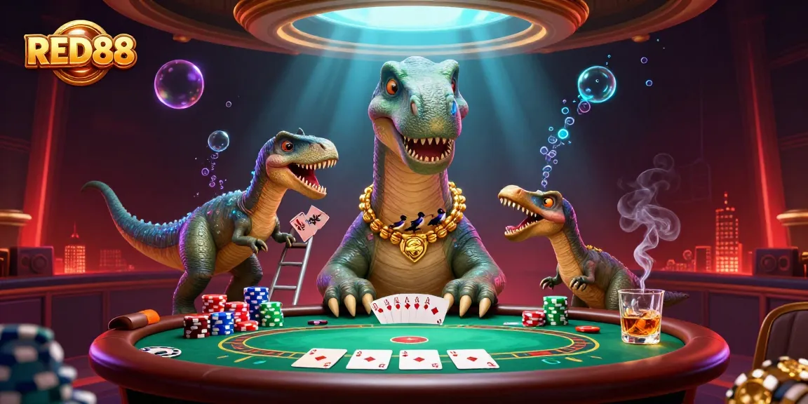 Experience the excitement of RED88 with a stunning casino scene featuring a giant brontosaurus and poker action.