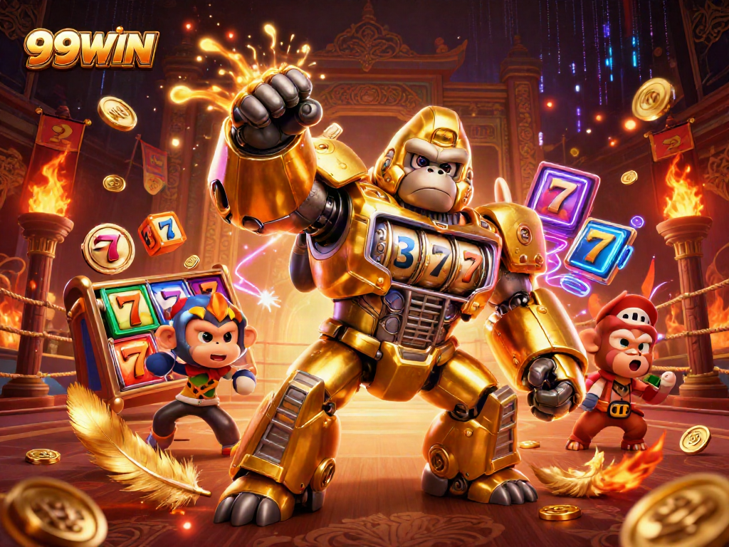 Engage in exciting gameplay with 99WIN as a golden gorilla mech meets thrilling casino elements.