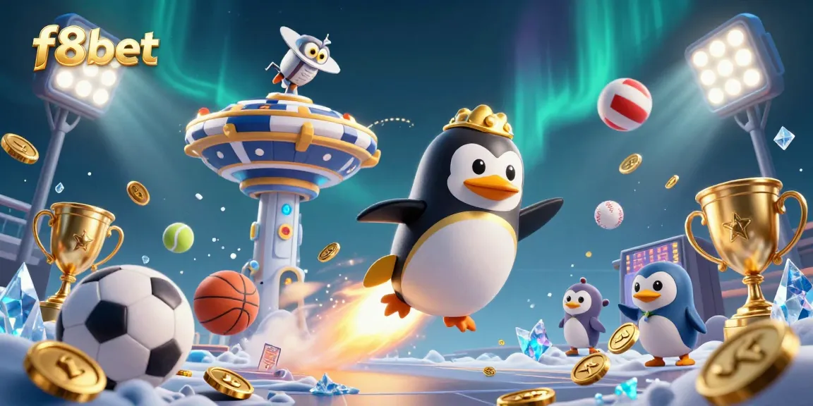 Win big with f8bet featuring a 3D golden penguin flying towards a thrilling casino adventure.