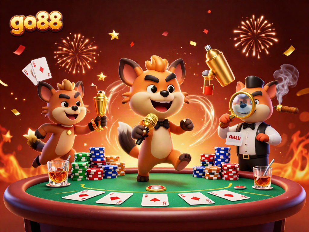 Experience go88 thrills as hyenas bring humor to the casino scene featuring poker tables and celebratory decor.