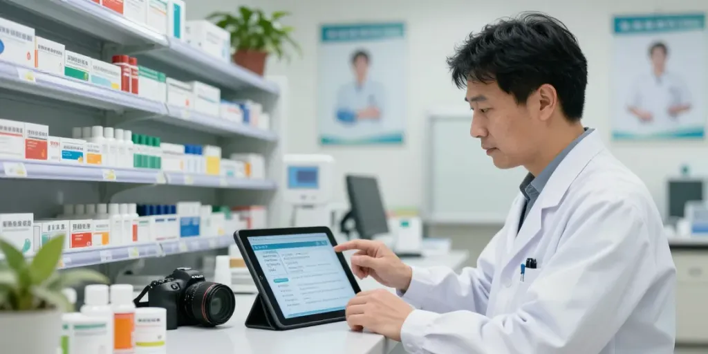 Pharmacist reviewing registered medicines and ingredients for Moh license compliance in a bright pharmacy.