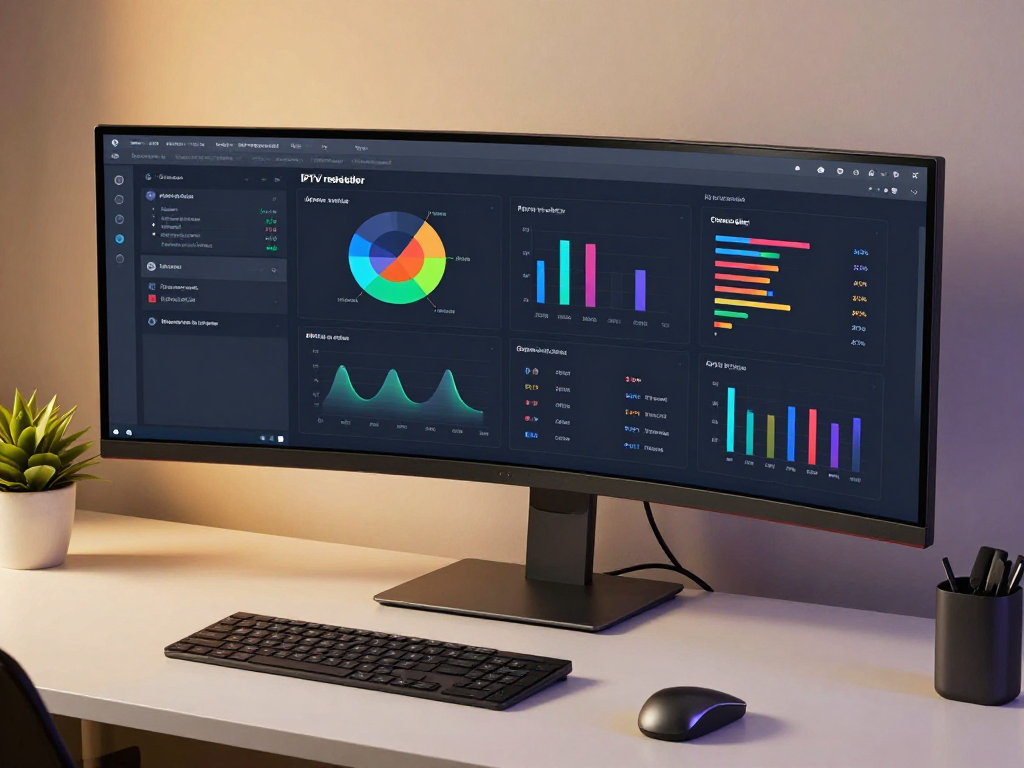 Iptv reseller panel dashboard showcasing advanced metrics in a tech workspace.