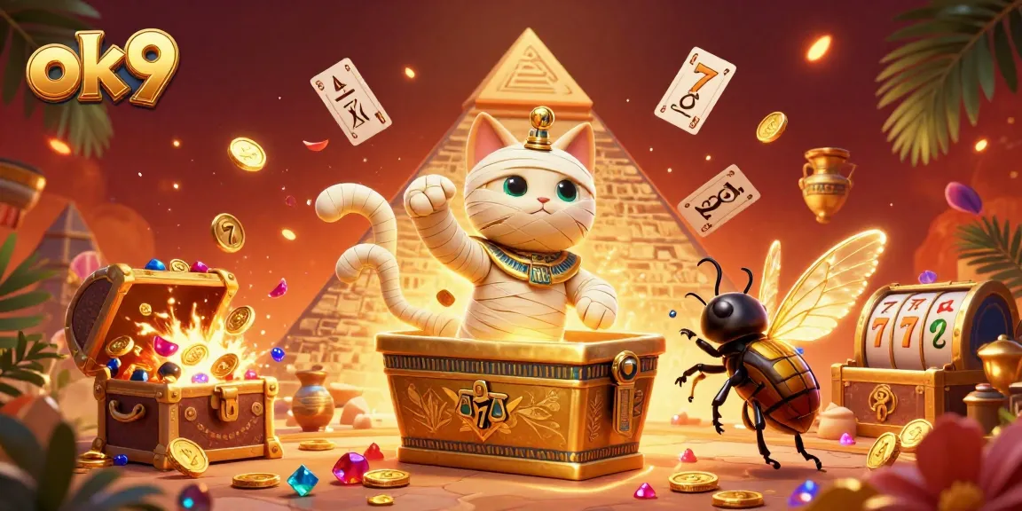 Experience thrilling action at ok9, featuring a dynamic casino scene with a mummy cat, glowing scarab, and floating slot elements.
