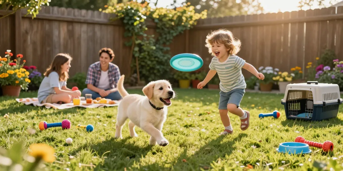 Adorable Labrador puppies for sale playing in a sunny backyard with a joyful child.