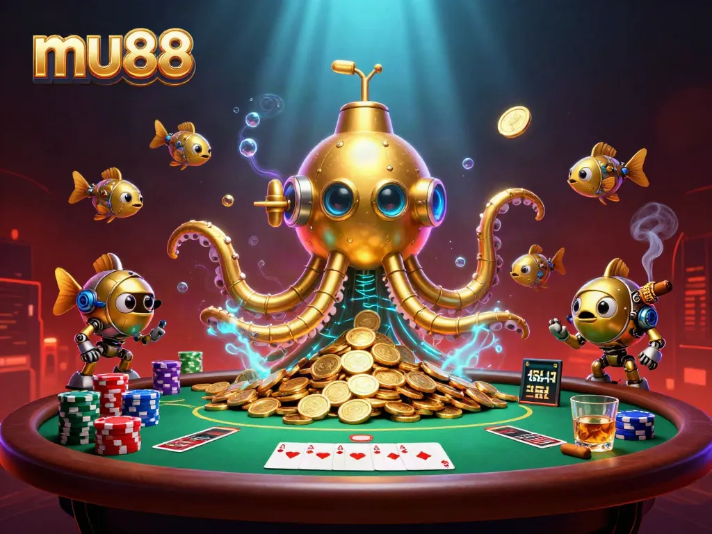 Experience thrilling gameplay at mu88 with a gold kraken submarine amidst poker action and vibrant treasures.