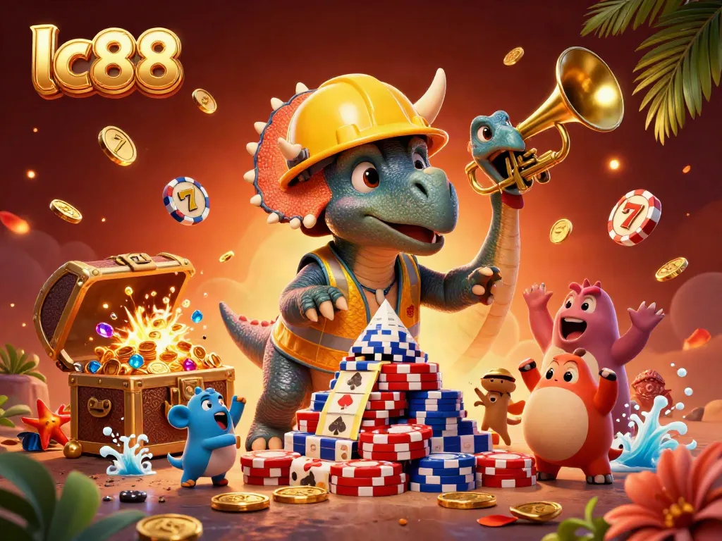 Experience lc88's thrilling casino atmosphere with a triceratops building poker chip pyramids and more.